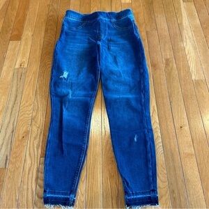 Spanx Distressed Ankle Skinny Jeans Blue Wash Pull On Raw Hem Denim Size Medium